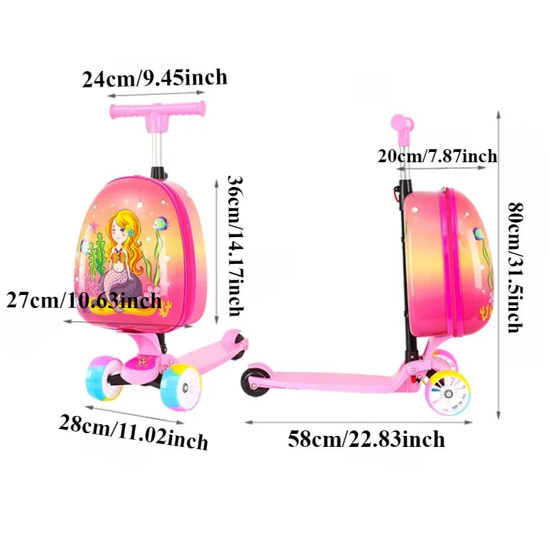 2-in-1-Set, Rollerkoffer, Hartschalen-Aufsitzgepäck, Kinder-Handgepäck mit Einhorn-Motiv und Roller mit faltbarem Freeo-Trolley