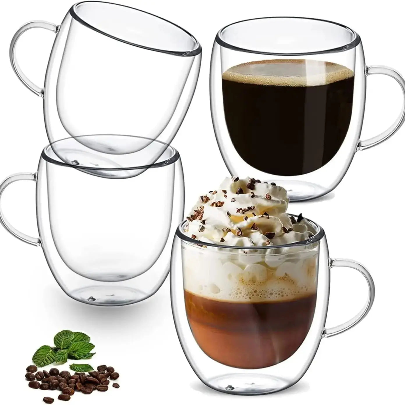 Doppelte Kaffeevase von 80–450 ml, Glasbehälter mit doppeltem Deckel für Kaffee und Milch, transparente Tasse mit Gläsern