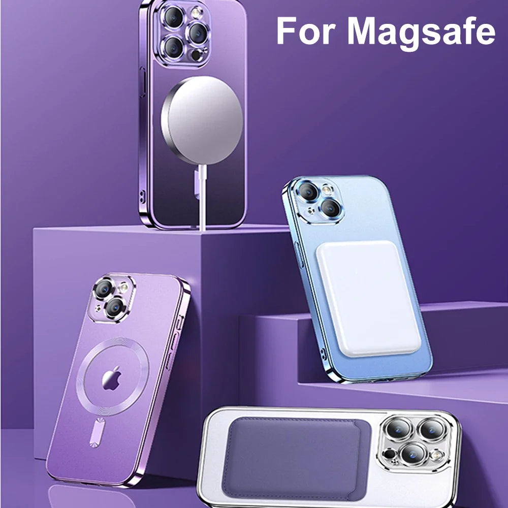 Magnetische Plating-Hülle für iPhone 15, 16, 14 Plus, 13, 12, 11 Pro Max mit Kameralinsenschutzglas für MagSafe kabelloses Ladegerät Cover