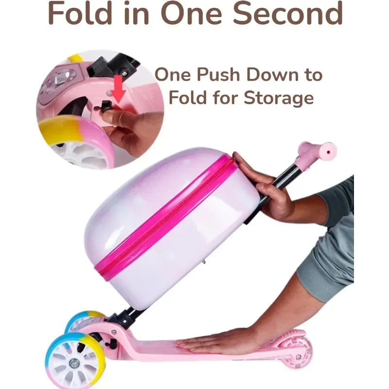 2-in-1-Set, Rollerkoffer, Hartschalen-Aufsitzgepäck, Kinder-Handgepäck mit Einhorn-Motiv und Roller mit faltbarem Freeo-Trolley