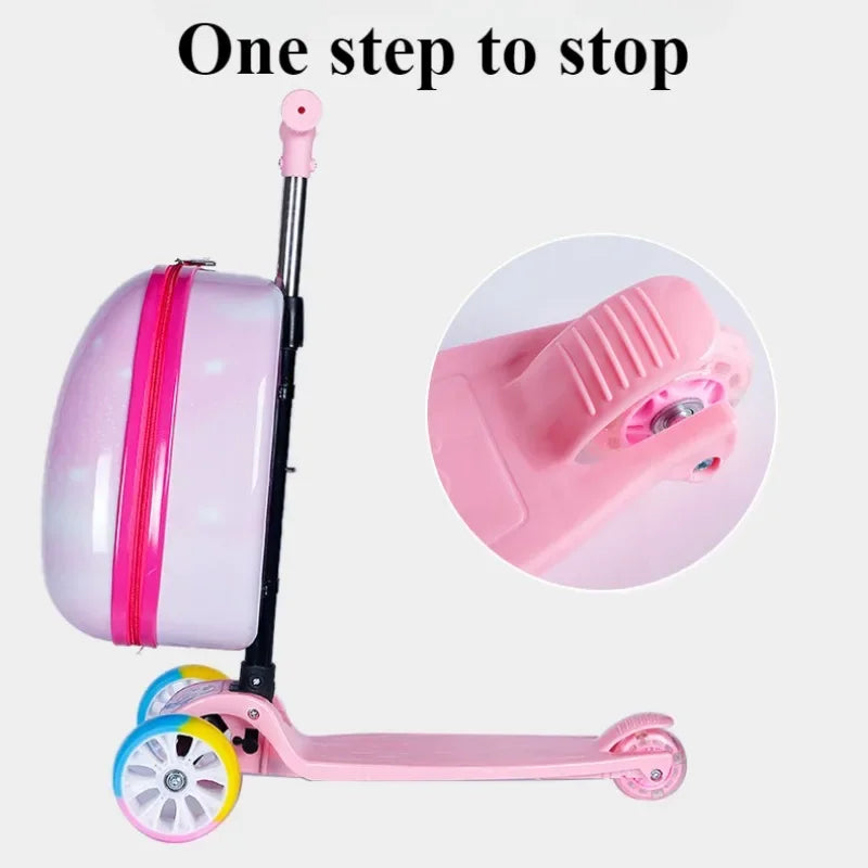 2-in-1-Set, Rollerkoffer, Hartschalen-Aufsitzgepäck, Kinder-Handgepäck mit Einhorn-Motiv und Roller mit faltbarem Freeo-Trolley