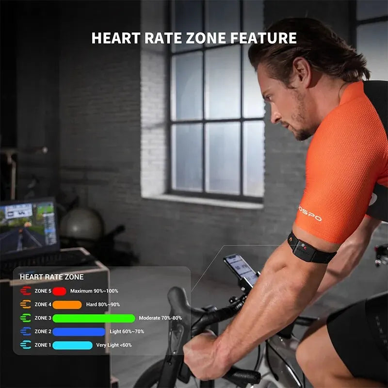 COOSPO HW9 Armband Herzfrequenzmesser mit HF-Zonen/Kalorien HRM-Sensor für Fitness, Radfahren, BLE 5.0, ANT+ kompatibel mit Peloton, Zwift, Wahoo
