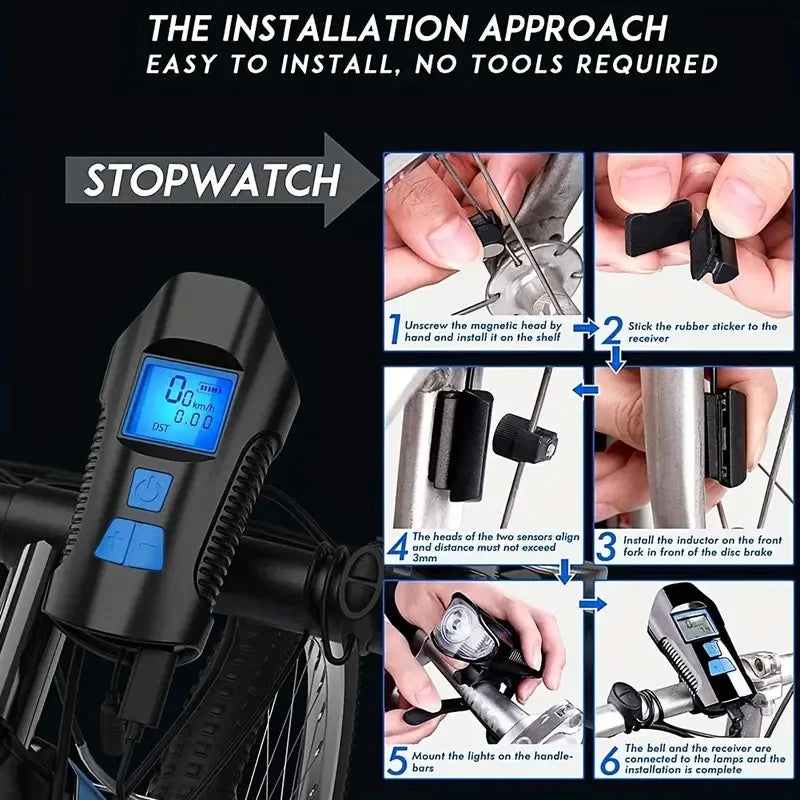 Wiederaufladbare USB Fahrrad-Frontlicht mit Hupe, wasserdichter Tacho, Fahrradzubehör, Mountainbike, 3-in-1