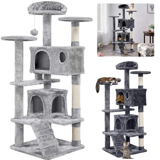 Mehrstöckiger Katzenbaum Kletterturm Möbel Kratzbaum Robust Katzenspielzeug für Kätzchen Kuscheliges Katzenhaus mit Aussichtsplatz Haustierbedarf