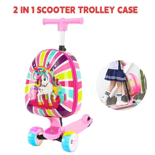 2-in-1-Set, Rollerkoffer, Hartschalen-Aufsitzgepäck, Kinder-Handgepäck mit Einhorn-Motiv und Roller mit faltbarem Freeo-Trolley