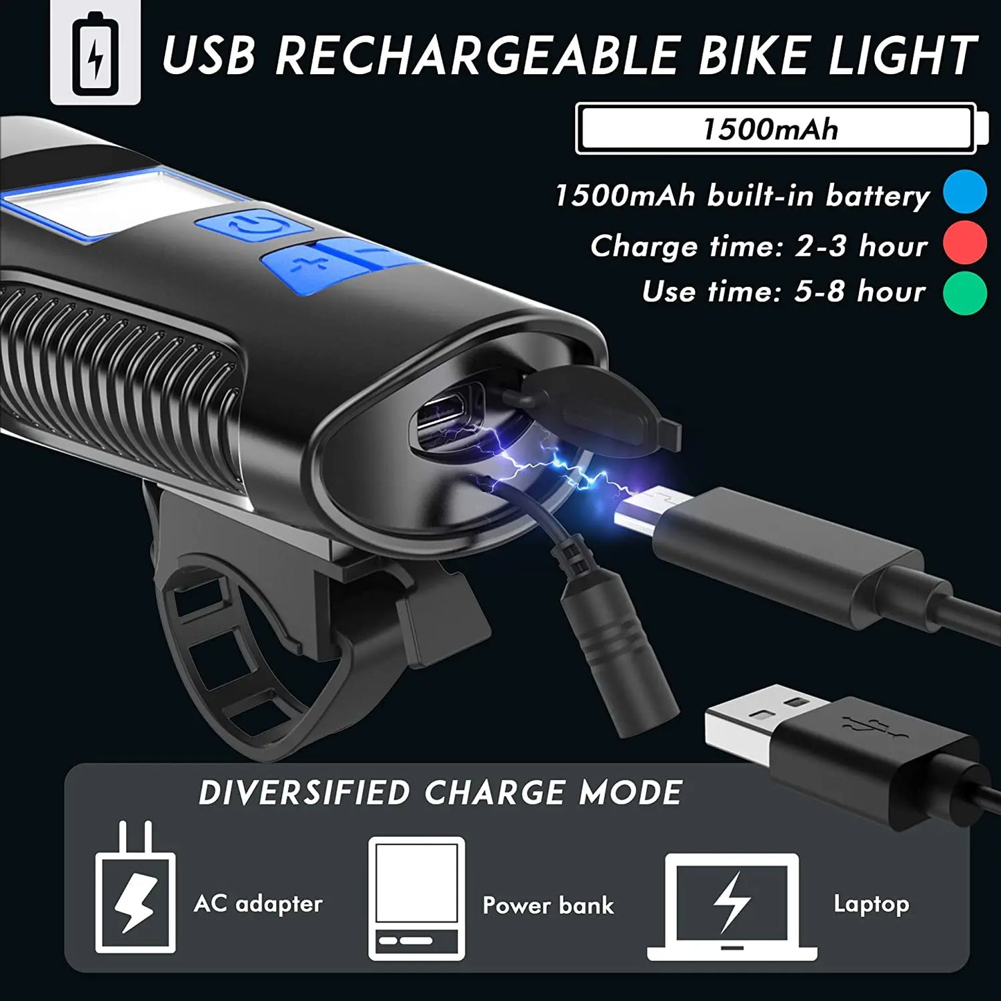 Wiederaufladbare USB Fahrrad-Frontlicht mit Hupe, wasserdichter Tacho, Fahrradzubehör, Mountainbike, 3-in-1